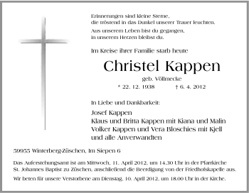 Traueranzeige von Christel Kappen von Tageszeitung