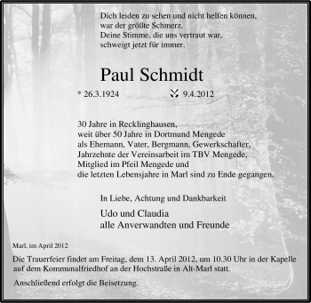 Traueranzeige von Paul Schmidt von Tageszeitung