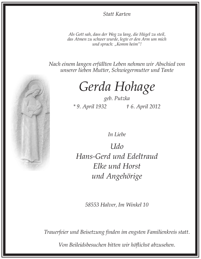  Traueranzeige für Gerda Hohage vom 10.04.2012 aus Tageszeitung