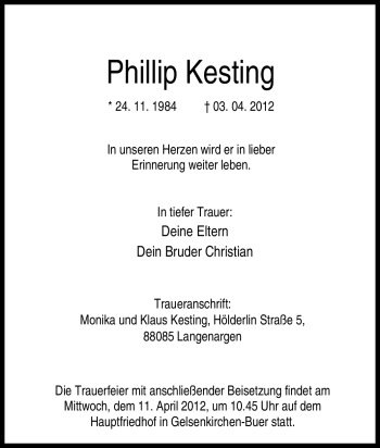 Traueranzeige von Phillip Kesting von Tageszeitung