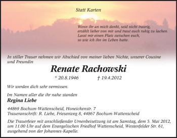 Traueranzeige von Renate Rachowski von Tageszeitung
