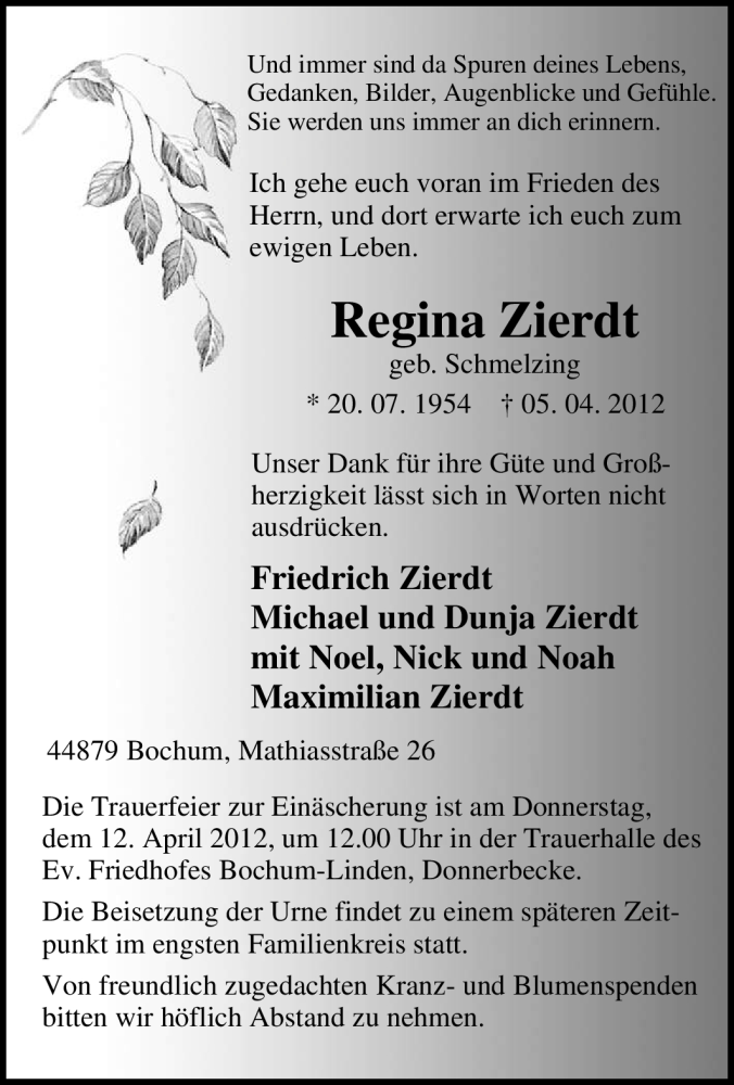  Traueranzeige für Regina Zierdt vom 07.04.2012 aus Tageszeitung