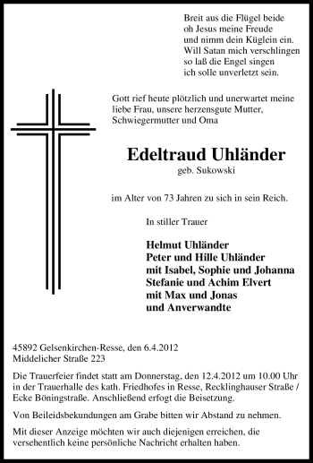 Traueranzeige von Edeltraud Uhländer von Tageszeitung