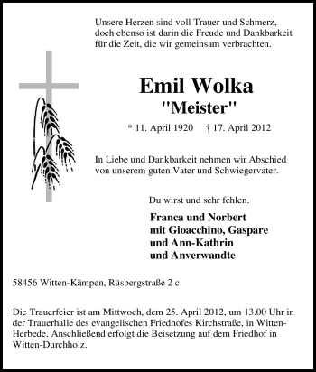 Traueranzeige von Emil Wolka von Tageszeitung