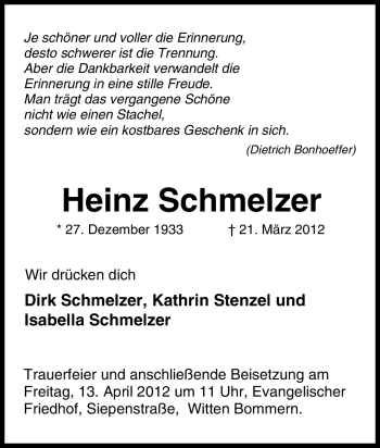 Traueranzeige von Heinz Schmelzer von Tageszeitung