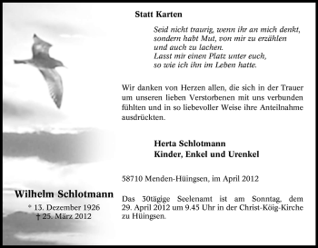 Traueranzeige von Wilhelm Schlotmann von Tageszeitung