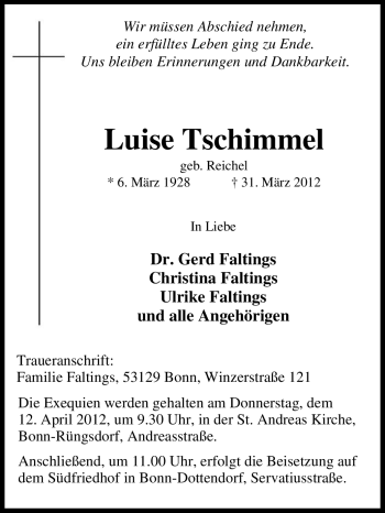 Traueranzeige von Luise Tschimmel von Tageszeitung