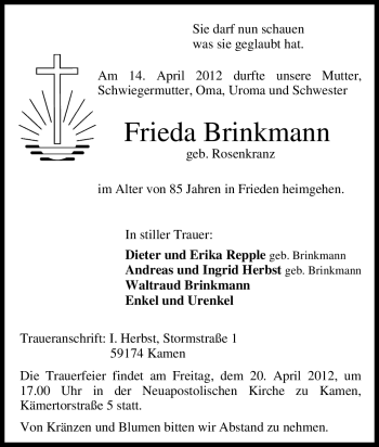 Traueranzeige von Frieda Brinkmann von Tageszeitung