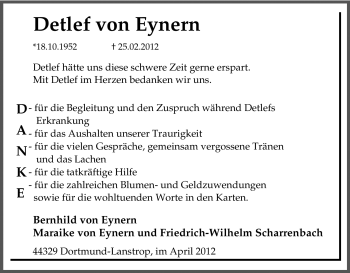 Traueranzeige von Detlef von Eynern von Tageszeitung