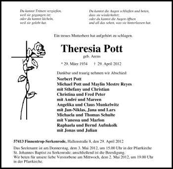 Traueranzeige von Theresia Pott von Tageszeitung
