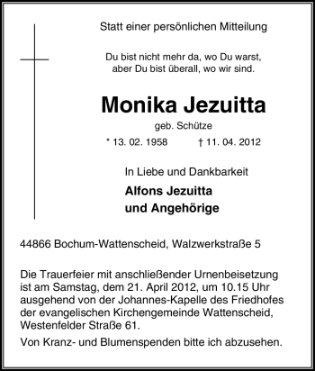Traueranzeige von Monika Jezuitta von Tageszeitung