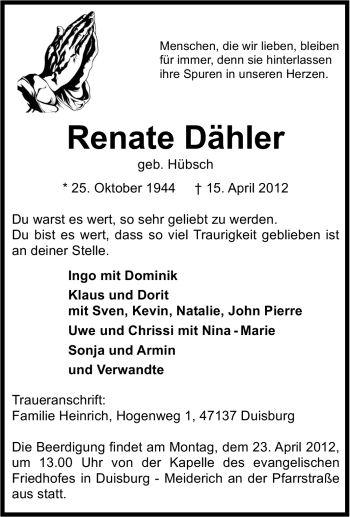 Traueranzeige von Renate Dähler von Tageszeitung