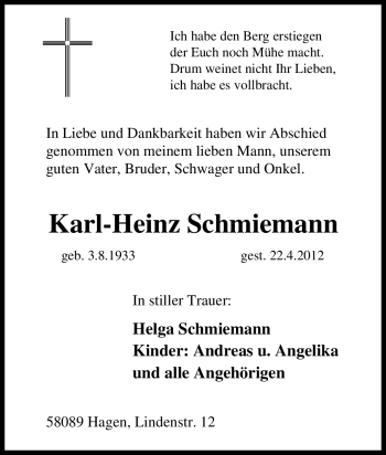 Traueranzeige von Karl-Heinz Schmiemann von Tageszeitung