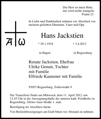 Traueranzeige von Hans Jackstien von Tageszeitung