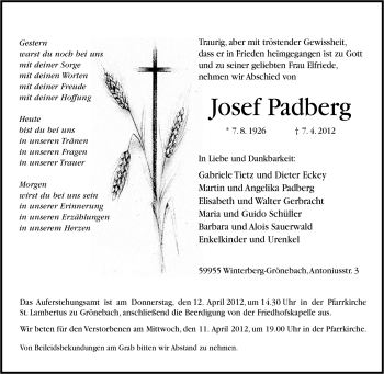 Traueranzeige von Josef Padberg von Tageszeitung