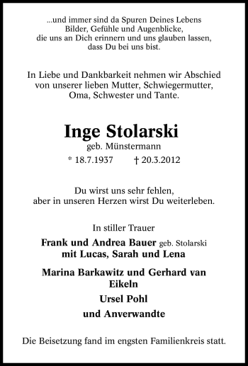 Traueranzeige von Inge Stolarski von Tageszeitung