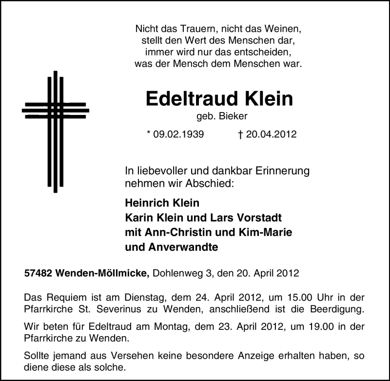  Traueranzeige für Edeltraud Klein vom 21.04.2012 aus Tageszeitung