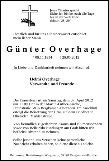 Traueranzeige von Günter Overhage von Tageszeitung