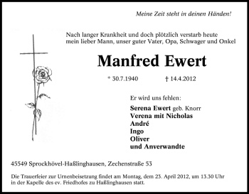 Traueranzeige von Manfred Ewert von Tageszeitung