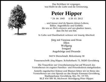 Traueranzeige von Peter Hipper von Tageszeitung