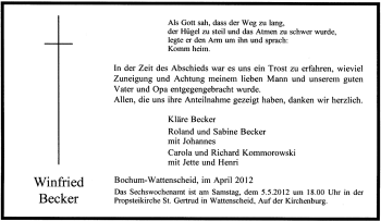 Traueranzeige von Winfried Becker von Tageszeitung