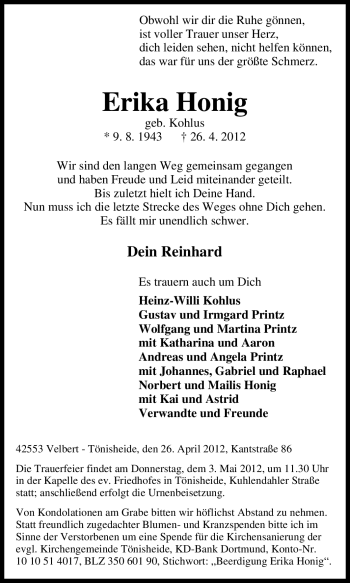 Traueranzeige von Erika Honig von Tageszeitung