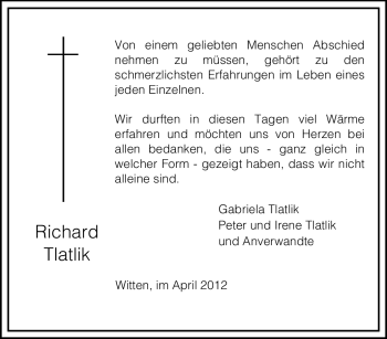 Traueranzeige von Richard Tlatlik von Tageszeitung