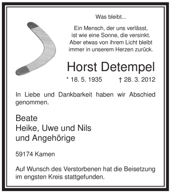 Traueranzeige von Horst Detempel von Tageszeitung