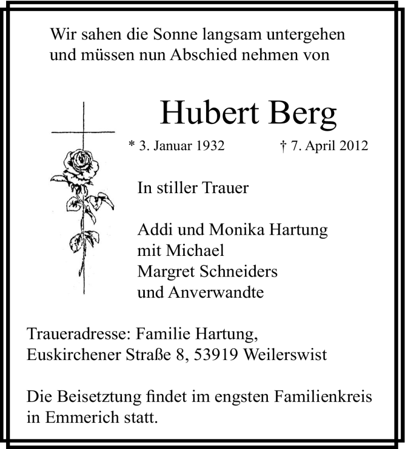  Traueranzeige für Hubert Berg vom 28.04.2012 aus Tageszeitung