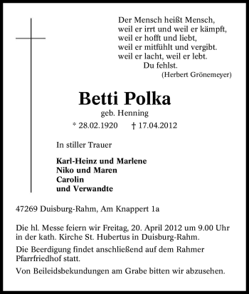 Traueranzeige von Betti Polka von Tageszeitung