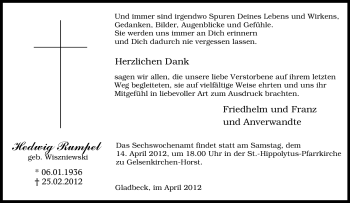 Traueranzeige von Hedwig Rumpel von Tageszeitung