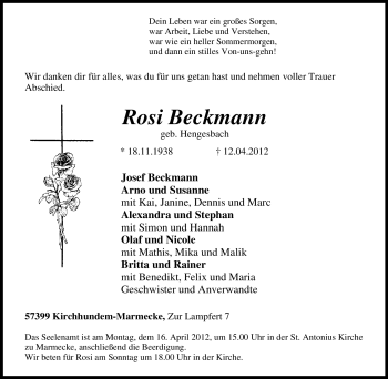 Traueranzeige von Rosi Beckmann von Tageszeitung