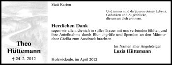 Traueranzeige von Theo Hüttemann von Tageszeitung