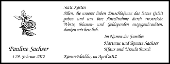 Traueranzeige von Pauline Sachser von Tageszeitung