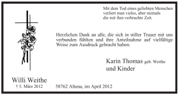 Traueranzeige von Willi Weithe von Tageszeitung