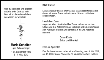 Traueranzeige von Maria Scholten von Tageszeitung