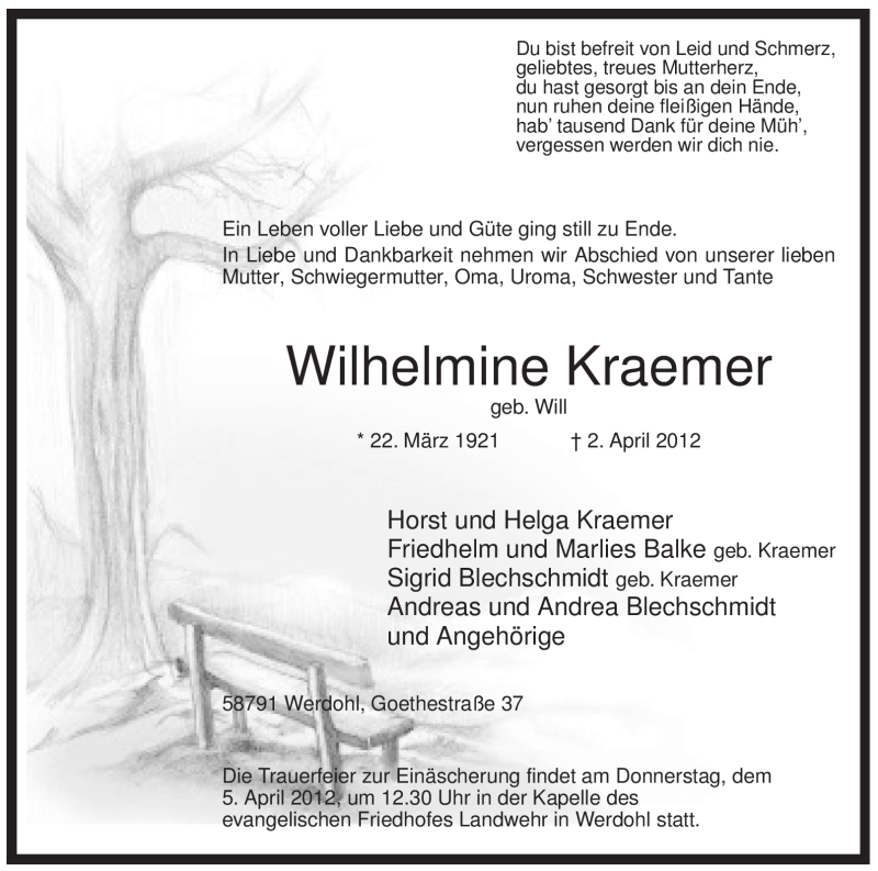  Traueranzeige für Wilhelmine Kraemer vom 04.04.2012 aus Tageszeitung