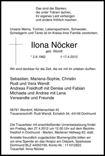 Traueranzeige von Ilona Nöcker von Tageszeitung