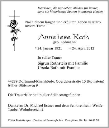 Traueranzeige von Anneliese Rath von Tageszeitung