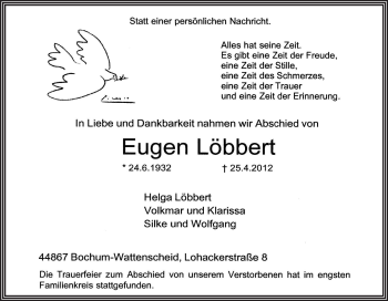 Traueranzeige von Eugen Löbbert von Tageszeitung