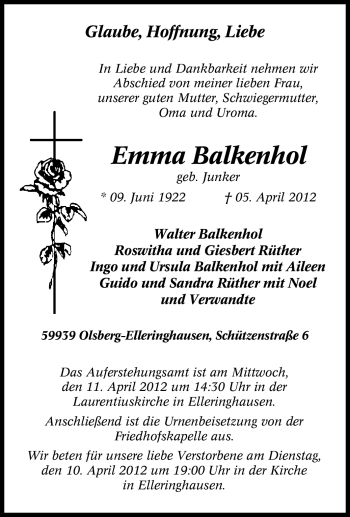 Traueranzeige von Emma Balkenhol von Tageszeitung