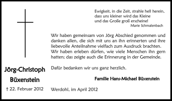 Traueranzeige von Jörg-Christoph Büxenstein von Tageszeitung