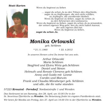 Traueranzeige von Monika Orlowski von Tageszeitung