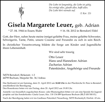 Traueranzeige von Gisela Margarete Leuer von Tageszeitung