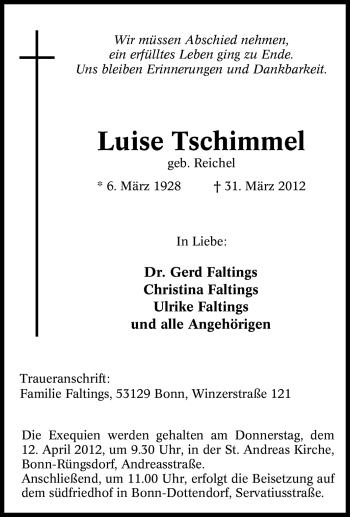 Traueranzeige von Luise Tschimmel von Tageszeitung