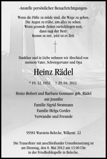 Traueranzeige von Heinz Rädel von Tageszeitung
