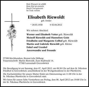 Traueranzeige von Elisabeth Riewoldt von Tageszeitung