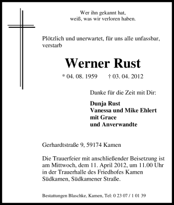Traueranzeige von Werner Rust von Tageszeitung