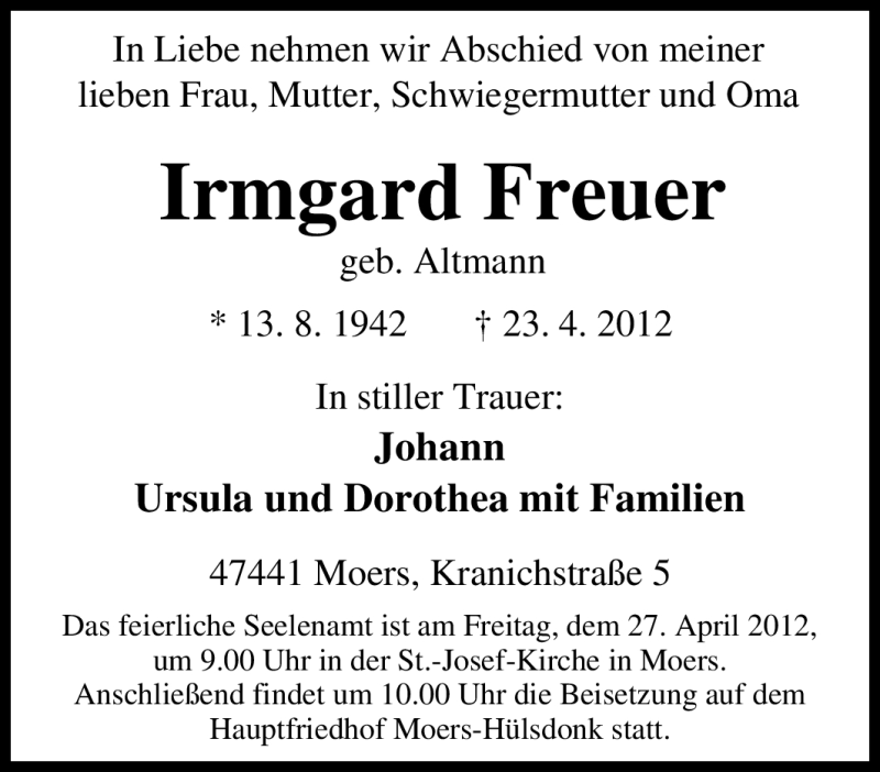  Traueranzeige für Irmgard Freuer vom 26.04.2012 aus Tageszeitung