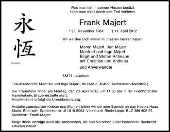 Traueranzeige von Frank Majert von Tageszeitung